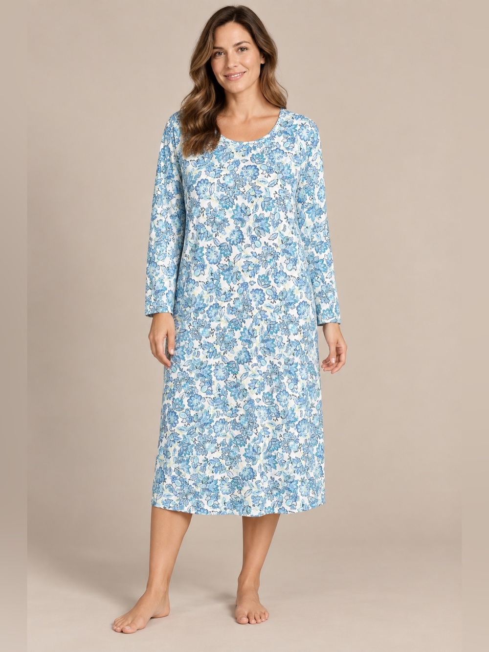 LandsEnd Cotton Blue White Floral Long Sleeve Midcalf Nightgown Size S